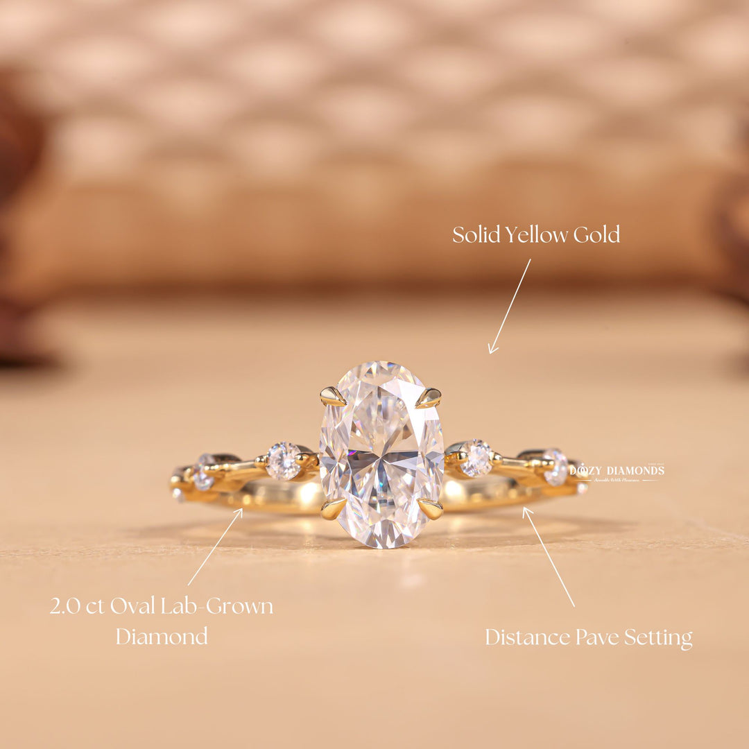 Oval pave engagement ring finished in polished solid gold