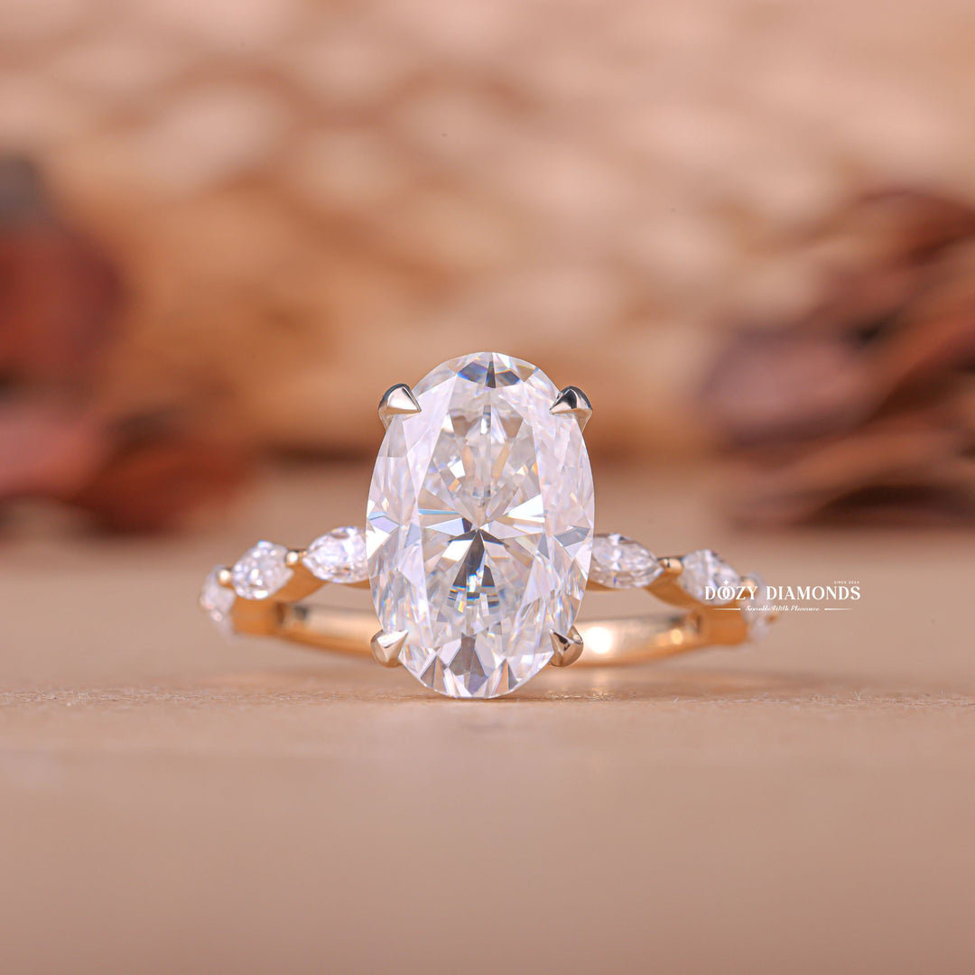 Oval cut engagement ring side view showing band detail