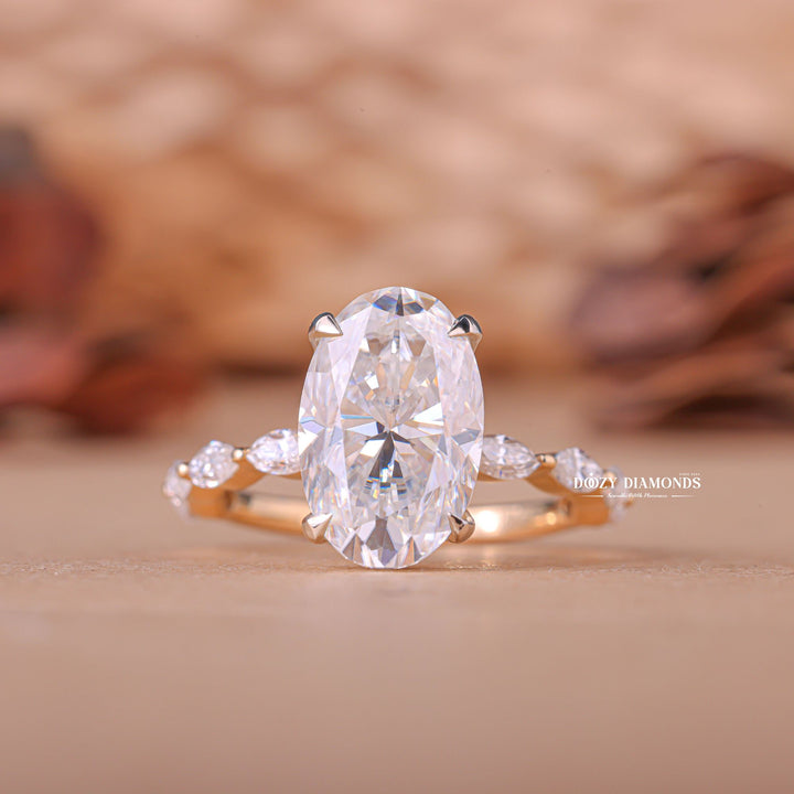 Oval cut engagement ring side view showing band detail