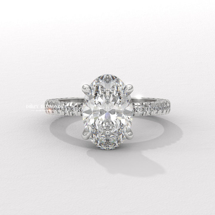 Oval pave lab grown diamond ring side profile in gold setting