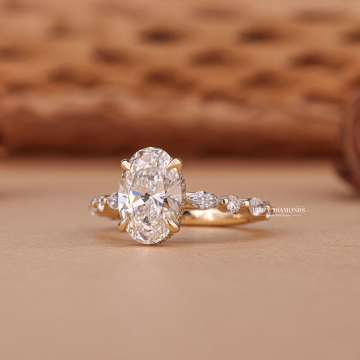 Profile view of oval cut hidden halo engagement ring band