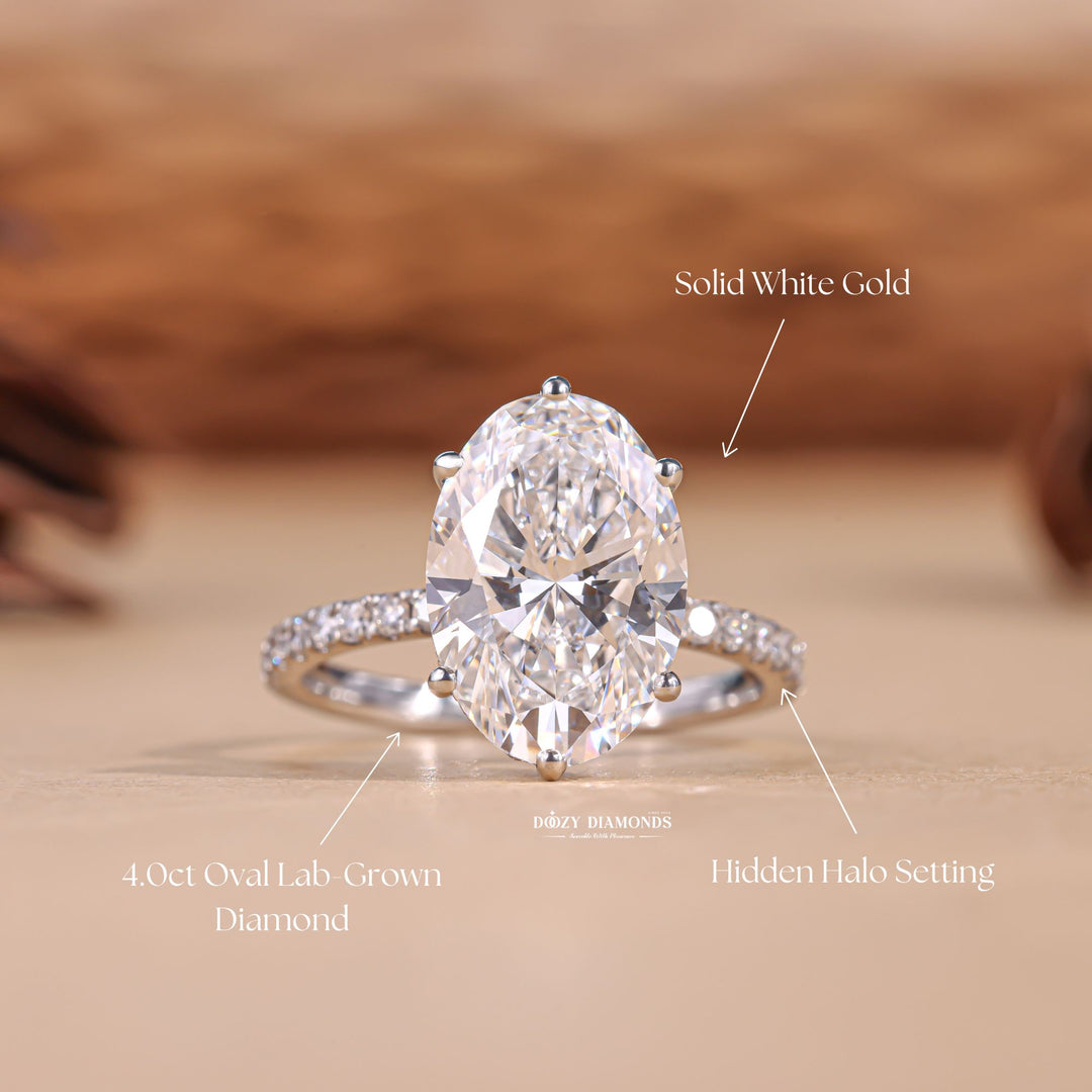 Detailed close-up of oval hidden halo diamond engagement ring