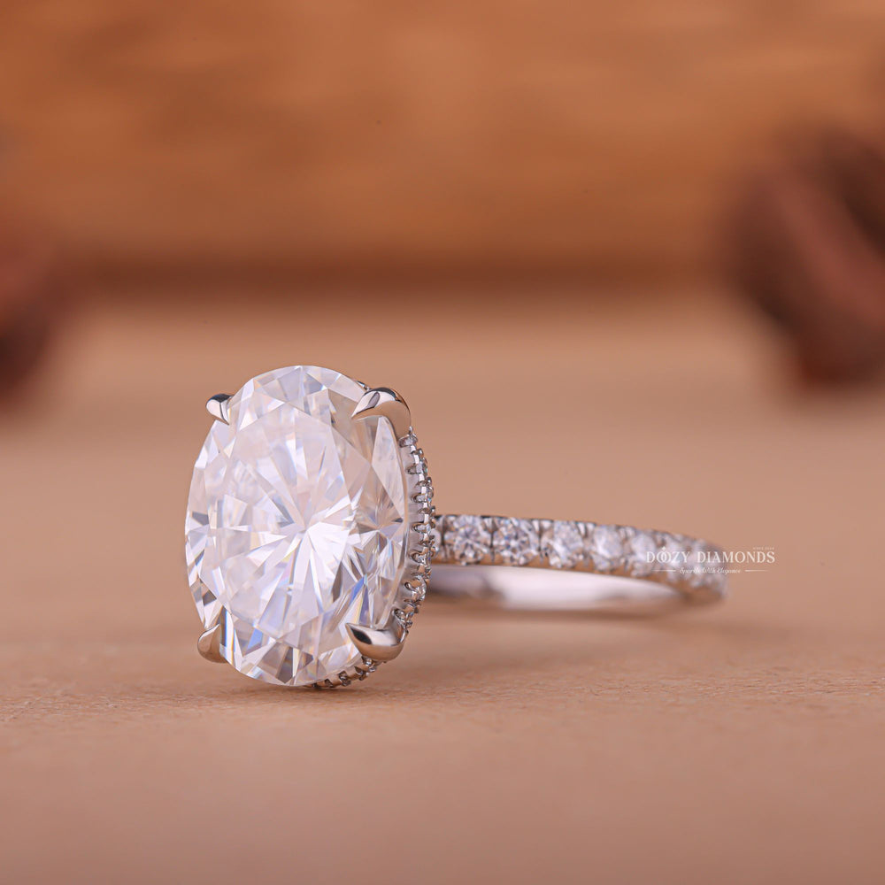 Handcrafted oval cut hidden halo lab grown diamond engagement ring