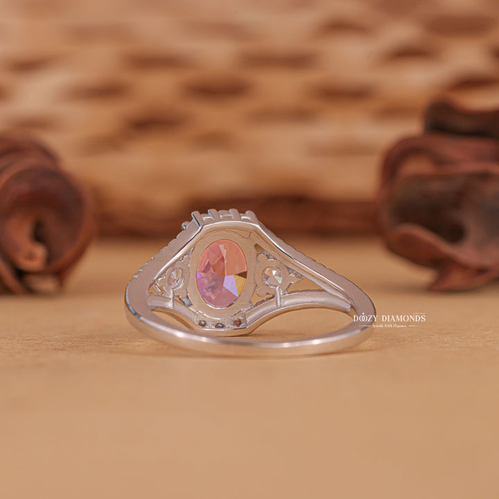 Oval three stone lab grown diamond ring in jewelry gift box