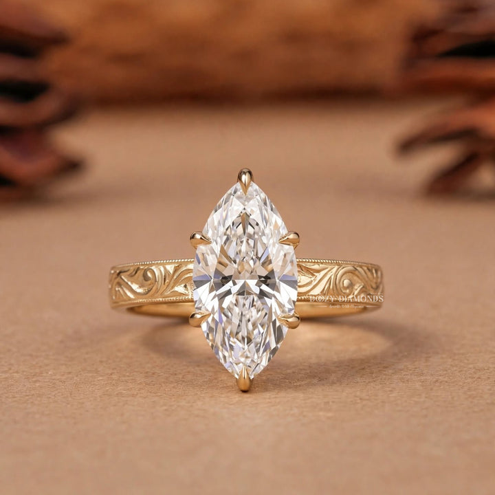 2.0CT Marquise F/VVS1 Lab Grown Ring, Hand Engraved Scroll Gold Band