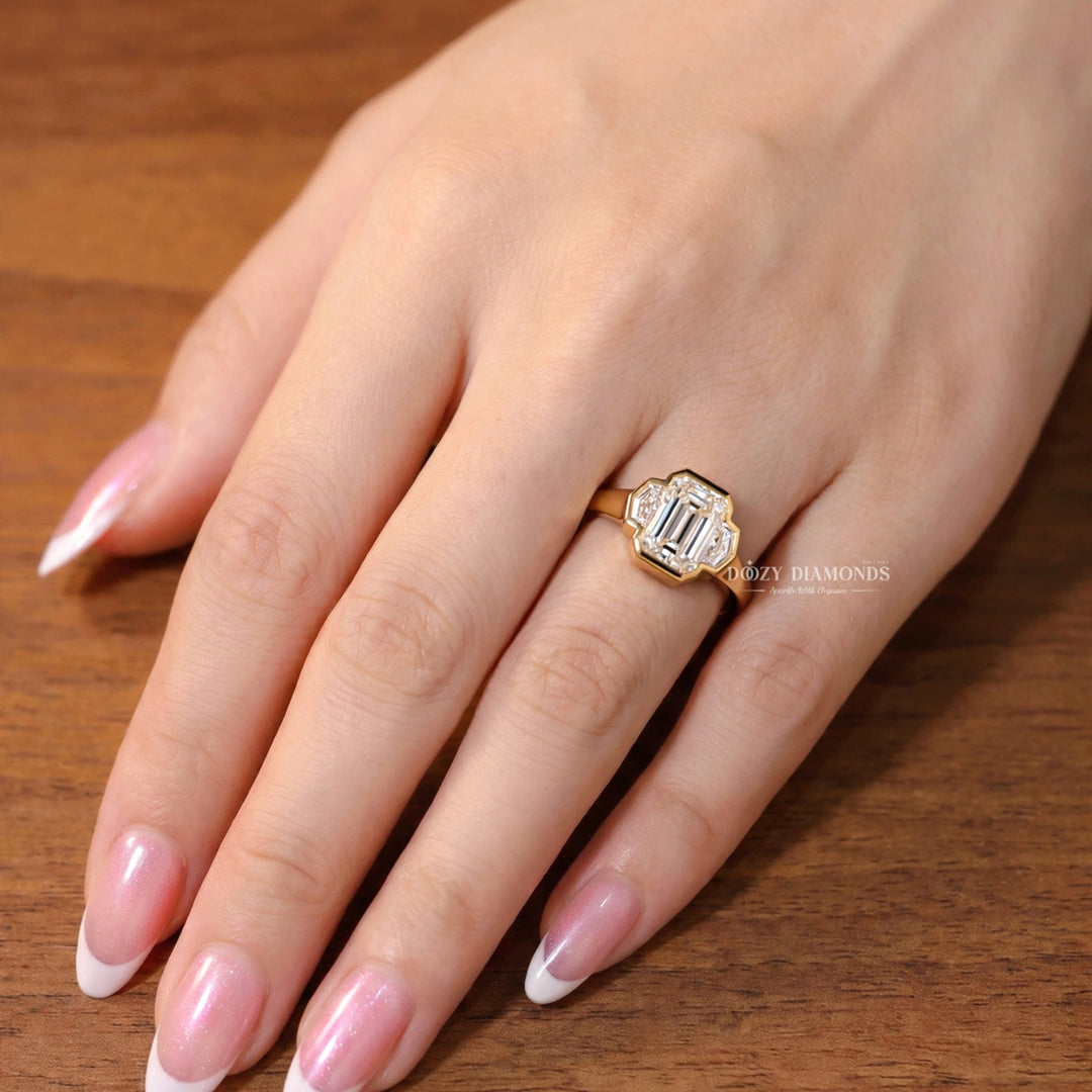 2.0CT Emerald Cut E/VS2 Lab Grown Diamond Art Deco Bezel Three Stone Engagement Ring