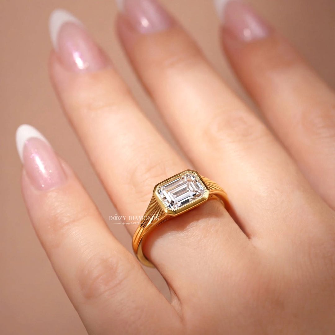 2.0CT East West Emerald Cut F/VVS2 Lab Grown Diamond Bezel Set Engagement Ring