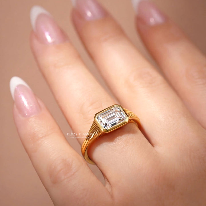 2.0CT East West Emerald Cut F/VVS2 Lab Grown Diamond Bezel Set Engagement Ring