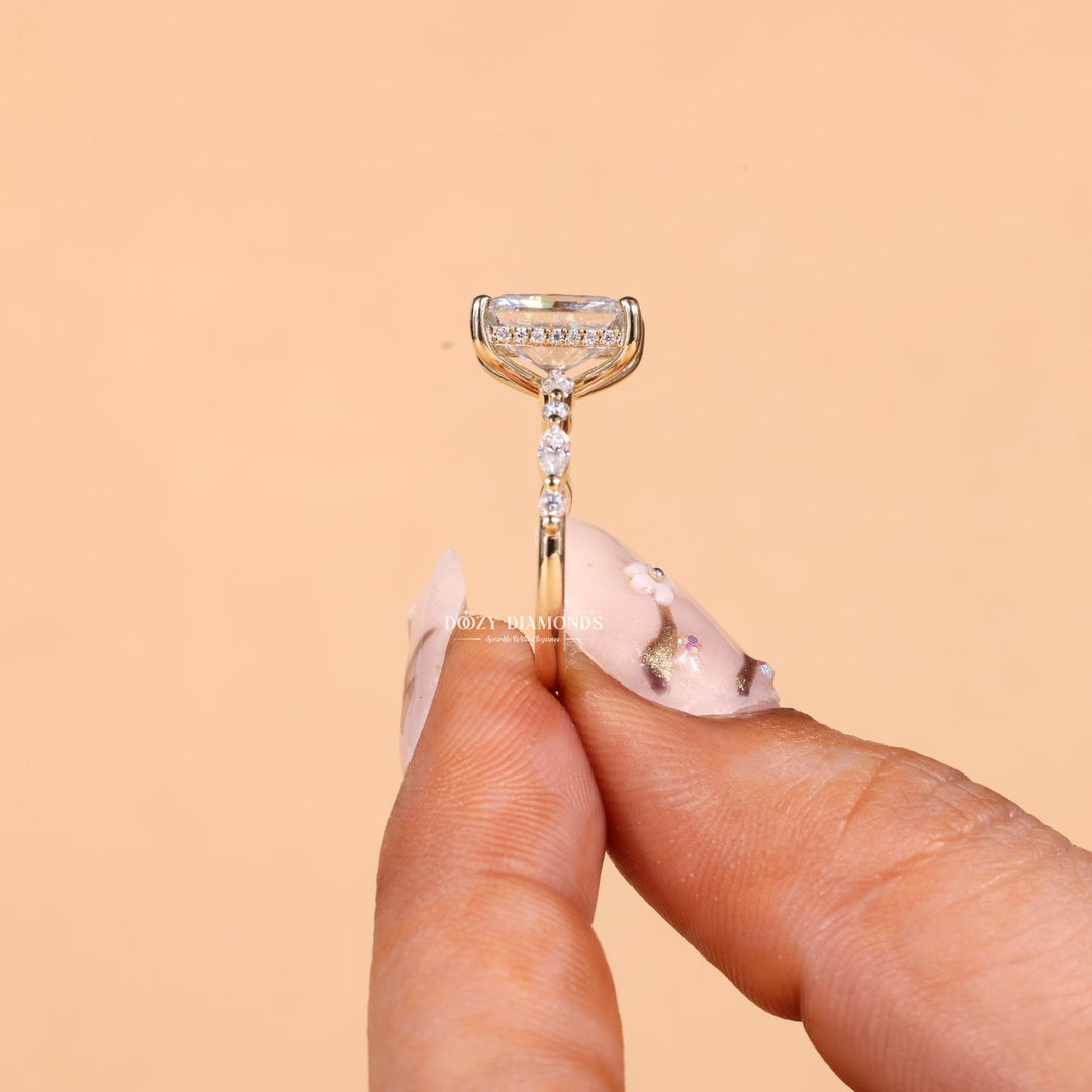 Side angle of radiant hidden halo diamond engagement ring