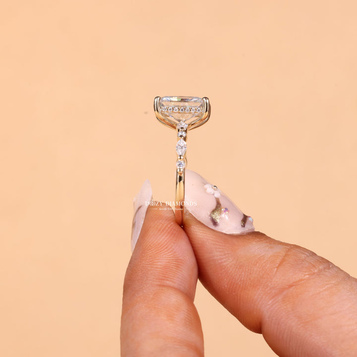 Side angle of radiant hidden halo diamond engagement ring