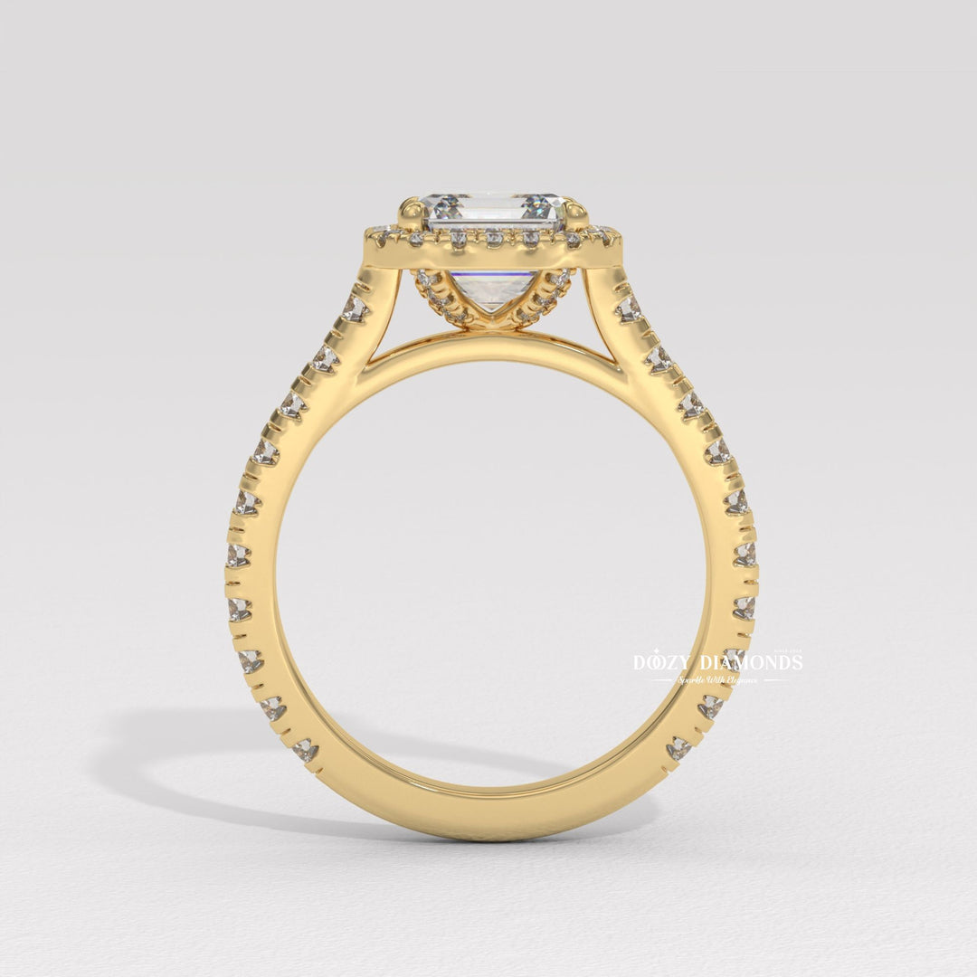 Certified asscher cut diamond featured in pave engagement ring