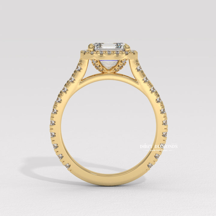 Certified asscher cut diamond featured in pave engagement ring