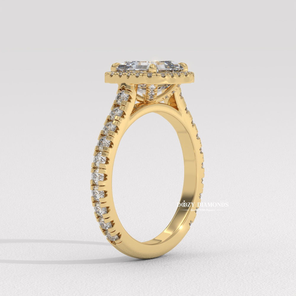 Asscher pave engagement ring with certified lab grown diamond