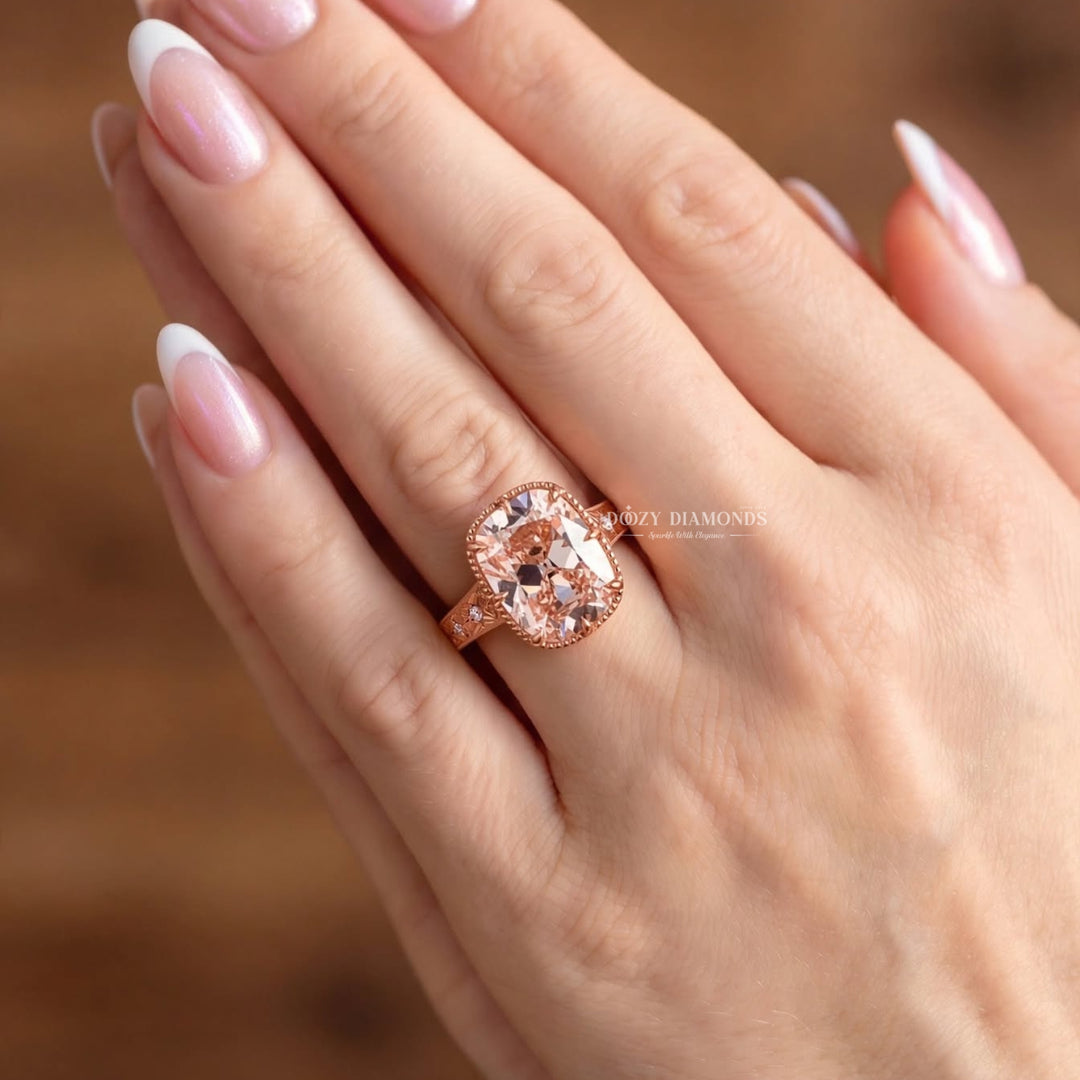 3.0CT Oldmine Elongated Cushion Pink Engraved Style Vintage Engagement Rings