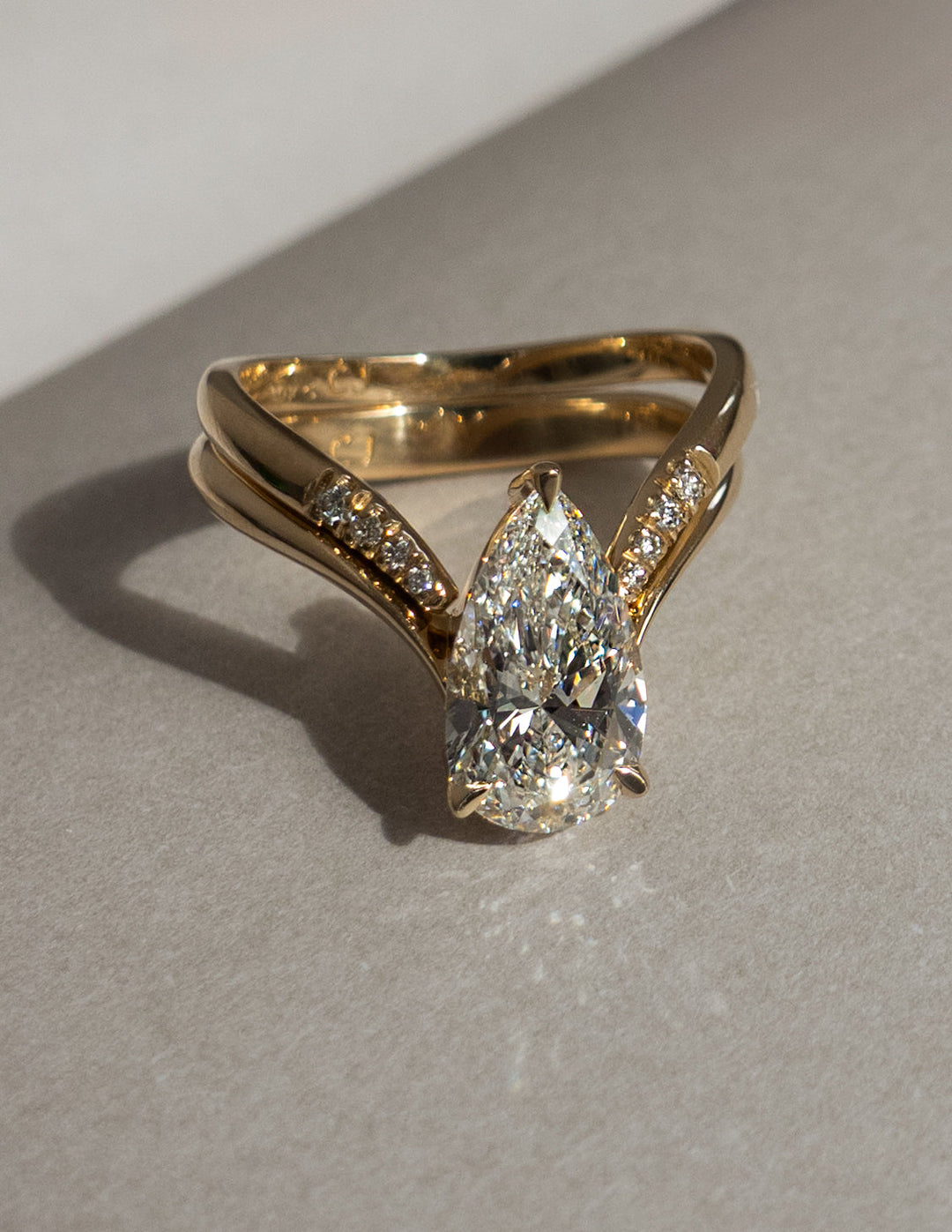 1.50CT Pear Lab Grown Diamond Bridal Ring Stack Yellow Gold Chevron Pave Band