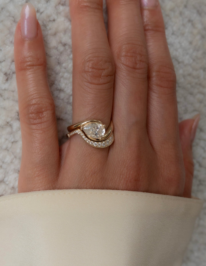 1.50CT Pear Solitaire Lab Grown Diamond Ring Yellow Gold Pave Band Bridal Stack