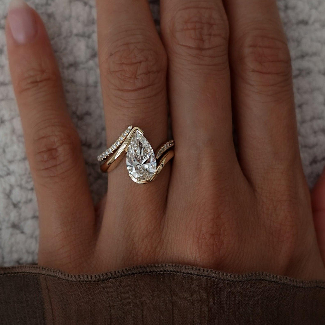 2.50CT Pear Bypass Lab Grown Diamond Ring Rose Gold Pave Band Bridal Stack