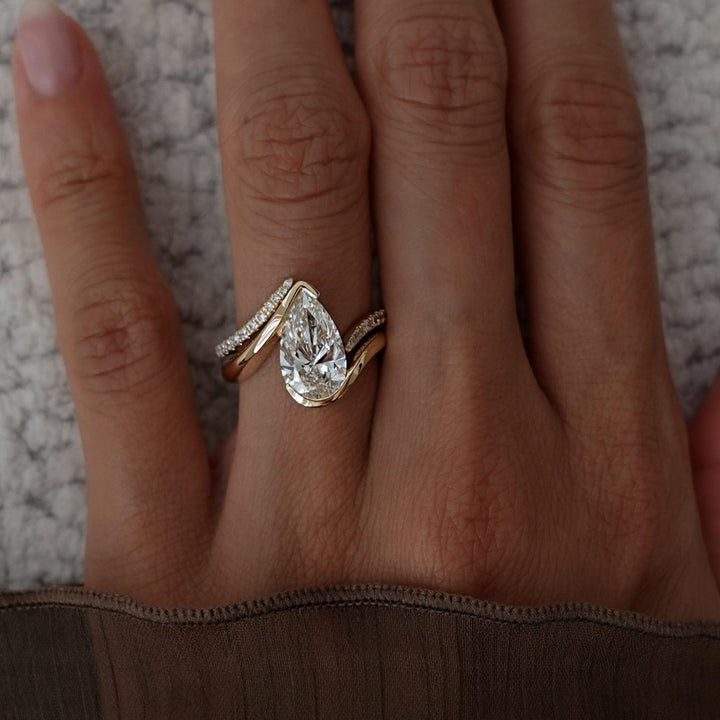2.50CT Pear Bypass Lab Grown Diamond Ring Rose Gold Pave Band Bridal Stack