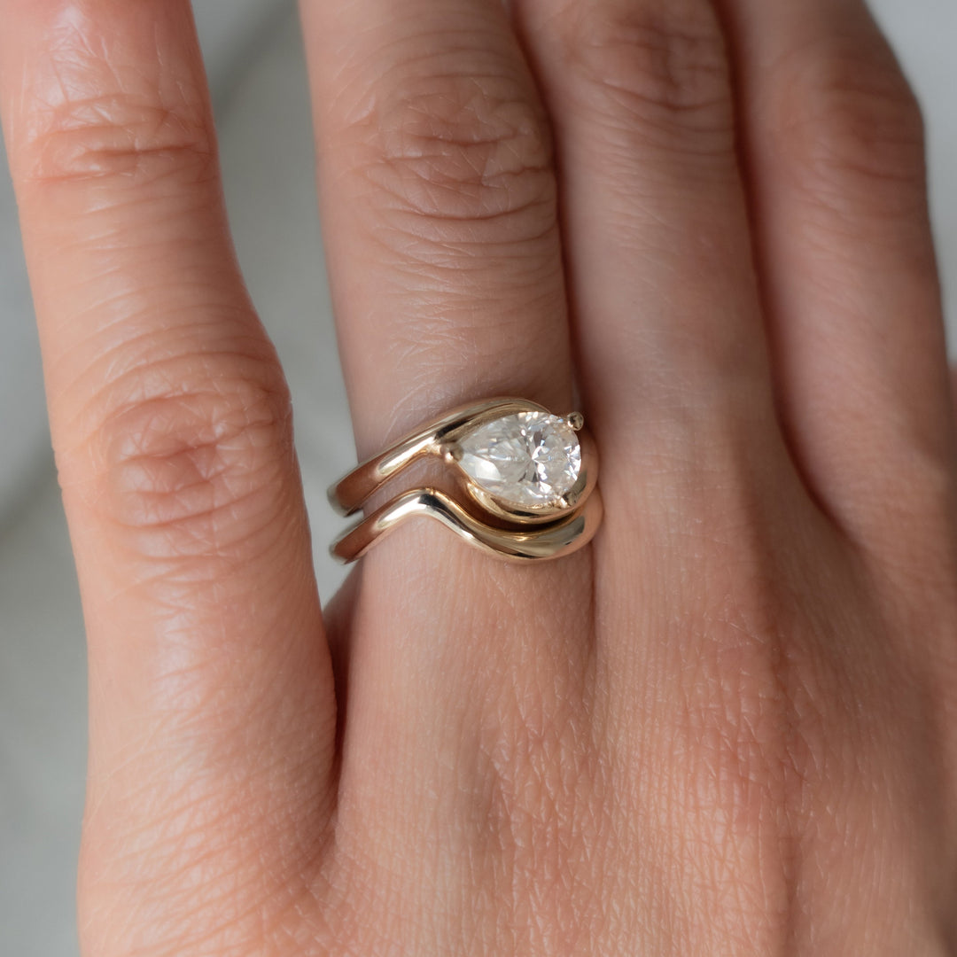 1.50CT East West Pear Lab Grown Diamond Ring Yellow Gold Sculptural Bridal Stack