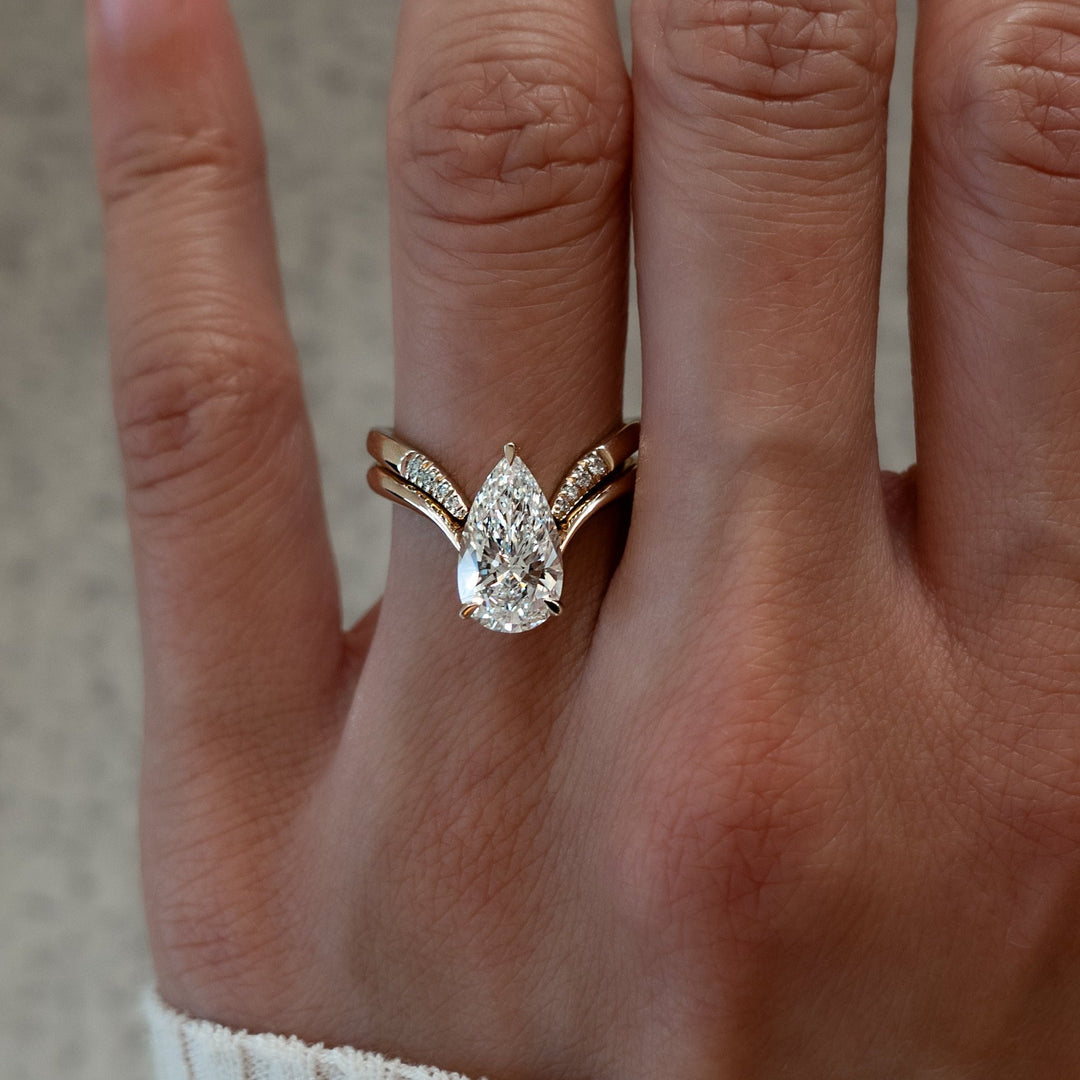 1.50CT Pear Lab Grown Diamond Bridal Ring Stack Yellow Gold Chevron Pave Band