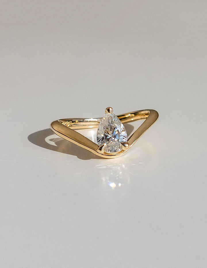 1.0CT Pear Solitaire Lab Grown Diamond Ring Yellow Gold Curved Pave Wave Band