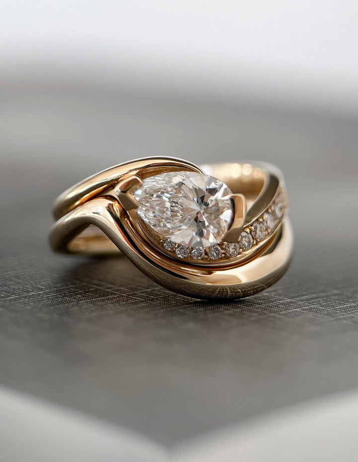 1.50CT East West Pear Half Bezel Lab Grown Diamond Ring Yellow Gold Pave Swirl Bridal Set