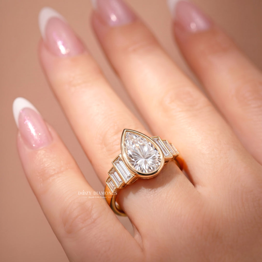 2.0CT Pear Cut F/VS1 Kaleidoscope Seven Stone Lab Grown Diamond Engagement Ring