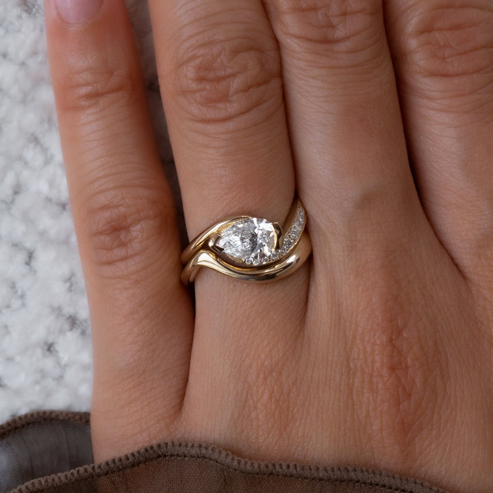1.50CT East West Pear Half Bezel Lab Grown Diamond Ring Yellow Gold Pave Swirl Bridal Set