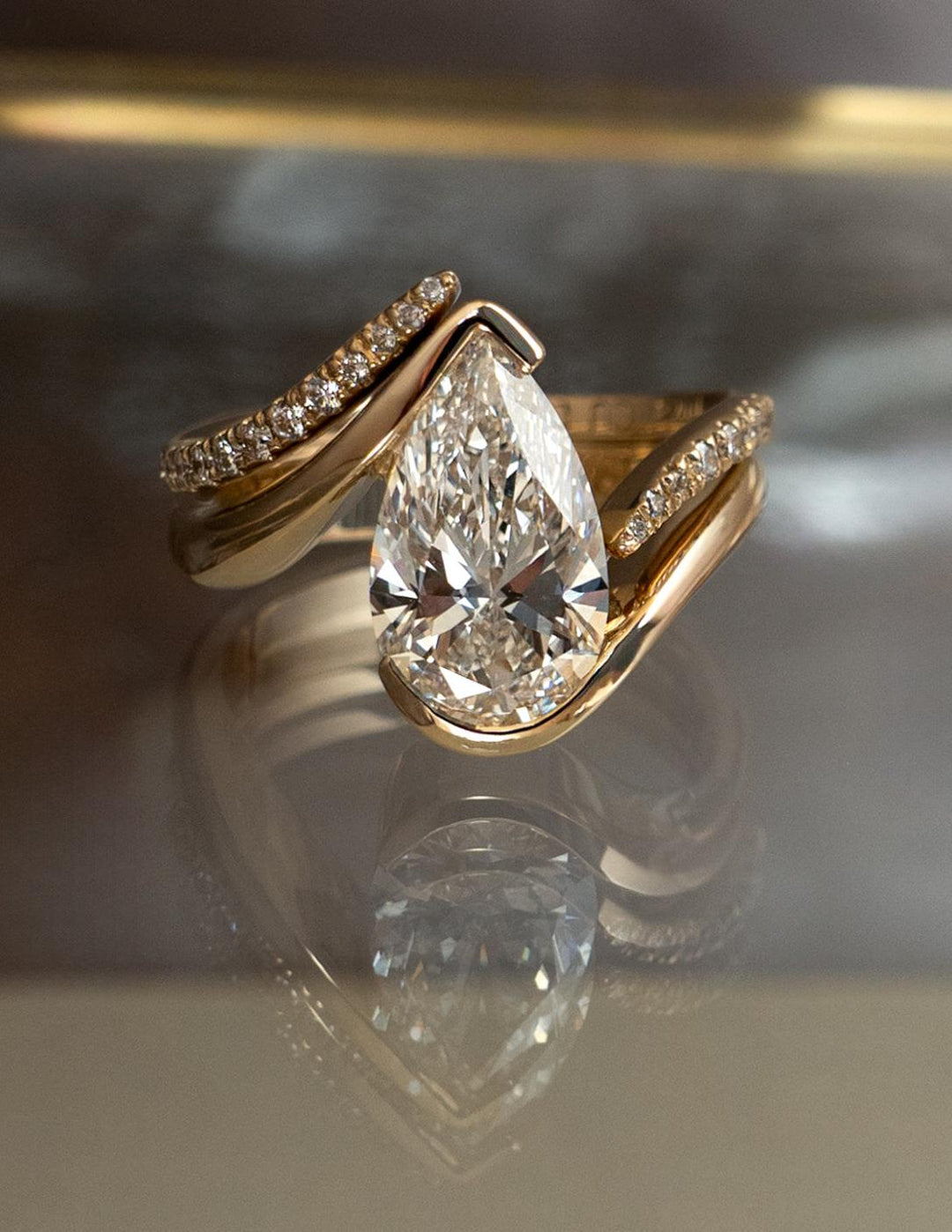 2.50CT Pear Bypass Lab Grown Diamond Ring Rose Gold Pave Band Bridal Stack