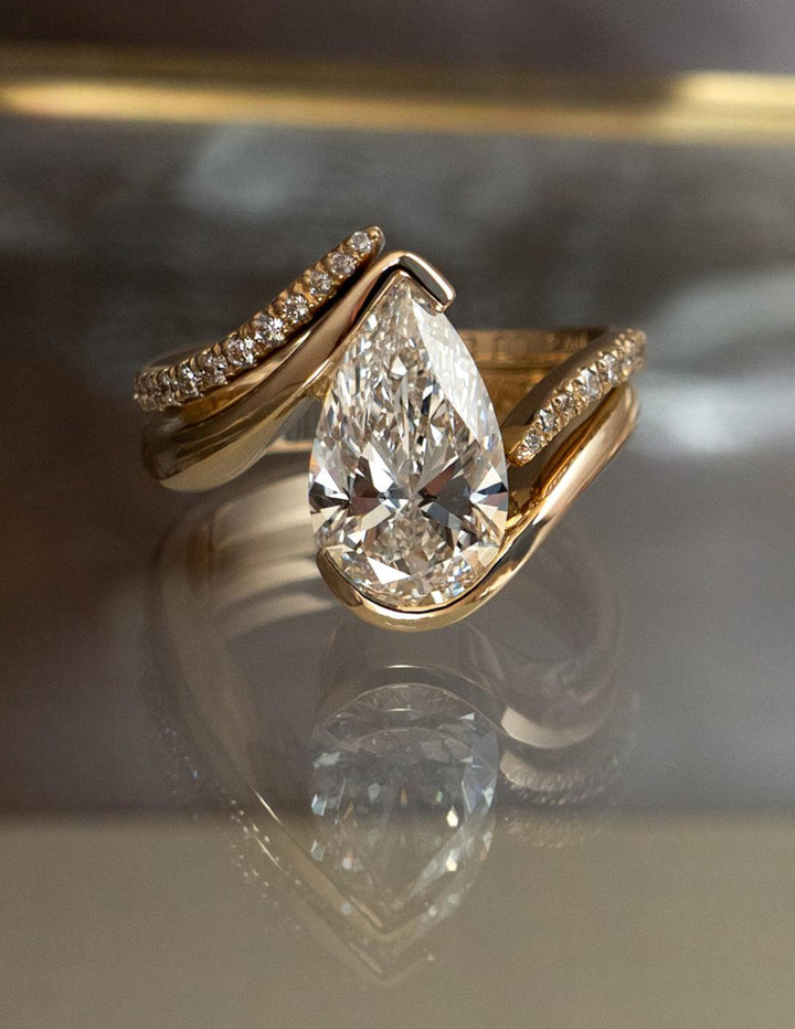 2.50CT Pear Bypass Lab Grown Diamond Ring Rose Gold Pave Band Bridal Stack