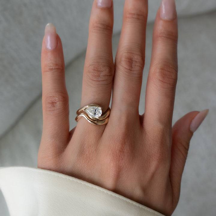 1.50CT East West Pear Lab Grown Diamond Ring Yellow Gold Sculptural Bridal Stack