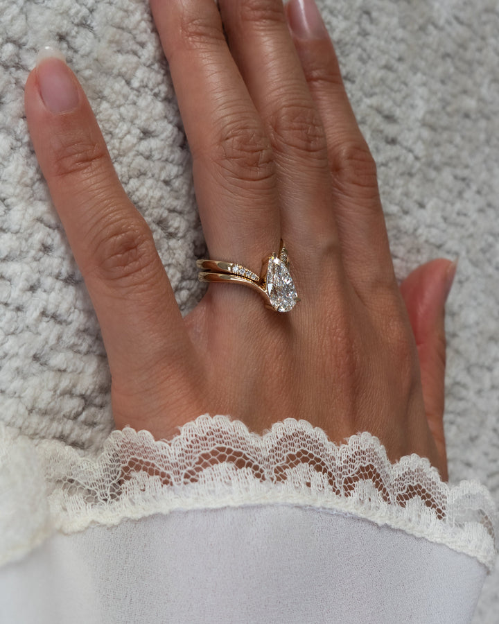 1.50CT Pear Lab Grown Diamond Bridal Ring Stack Yellow Gold Chevron Pave Band