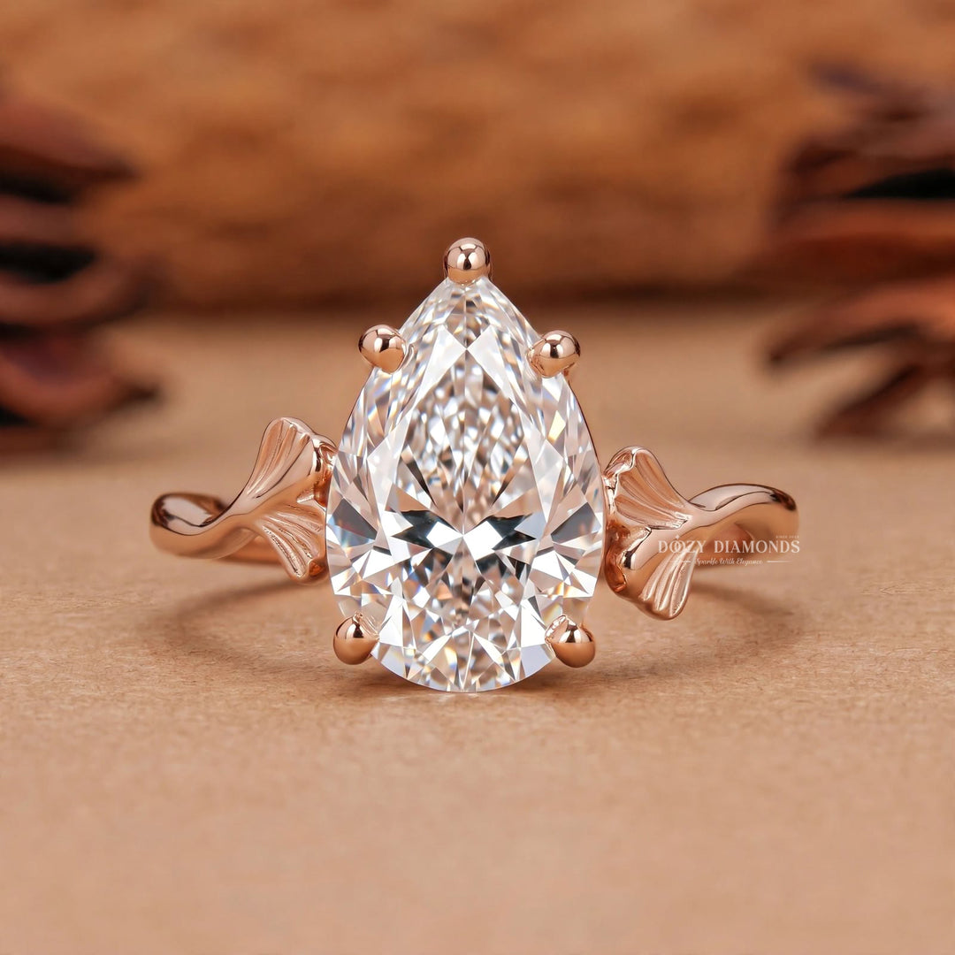 2.50CT Pear Shaped Lab Grown Diamond Ring – Leaf Engagement Ring for Women