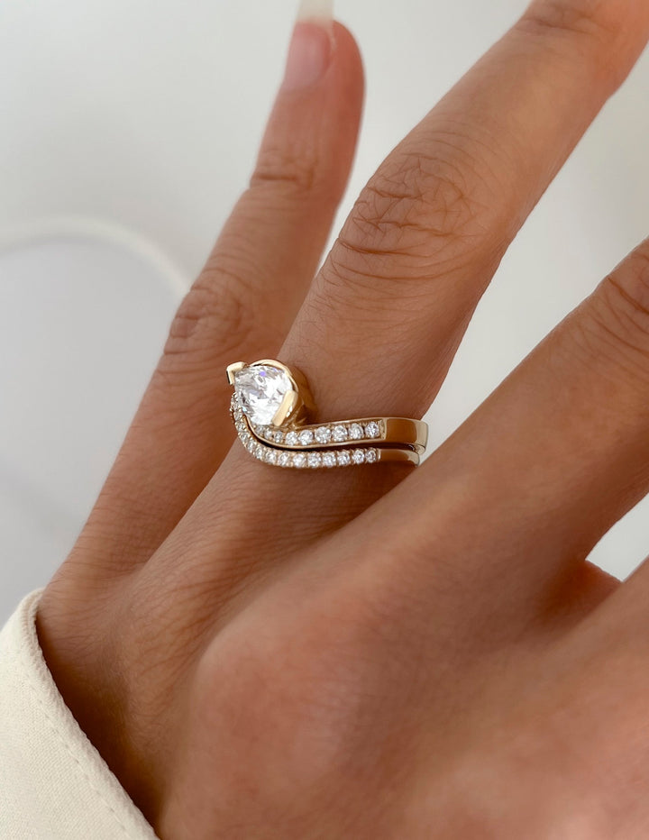 1.50CT Pear Half Bezel Lab Grown Diamond Ring Yellow Gold Unique Bypass Setting