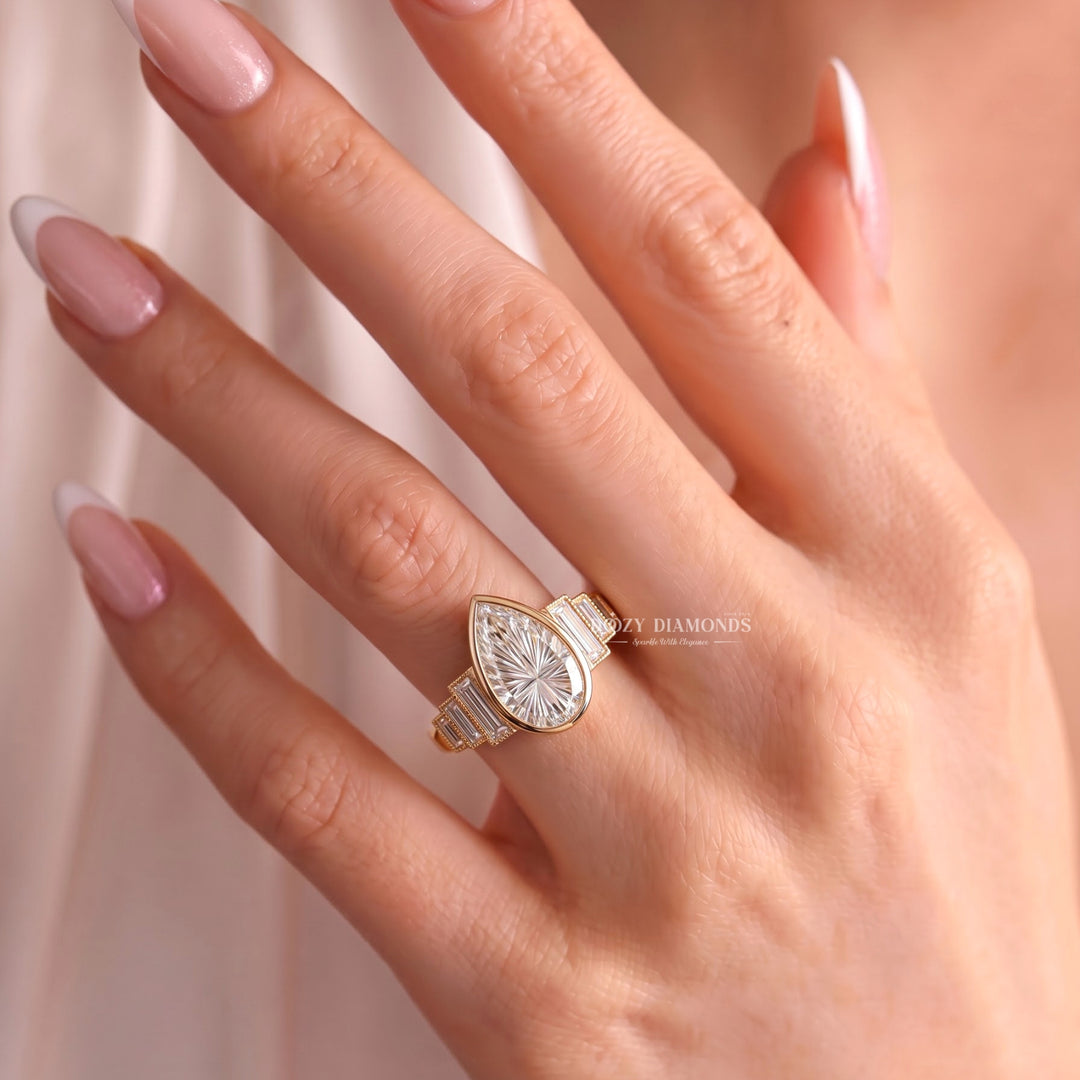 2.0CT Pear Cut F/VS1 Kaleidoscope Seven Stone Lab Grown Diamond Engagement Ring