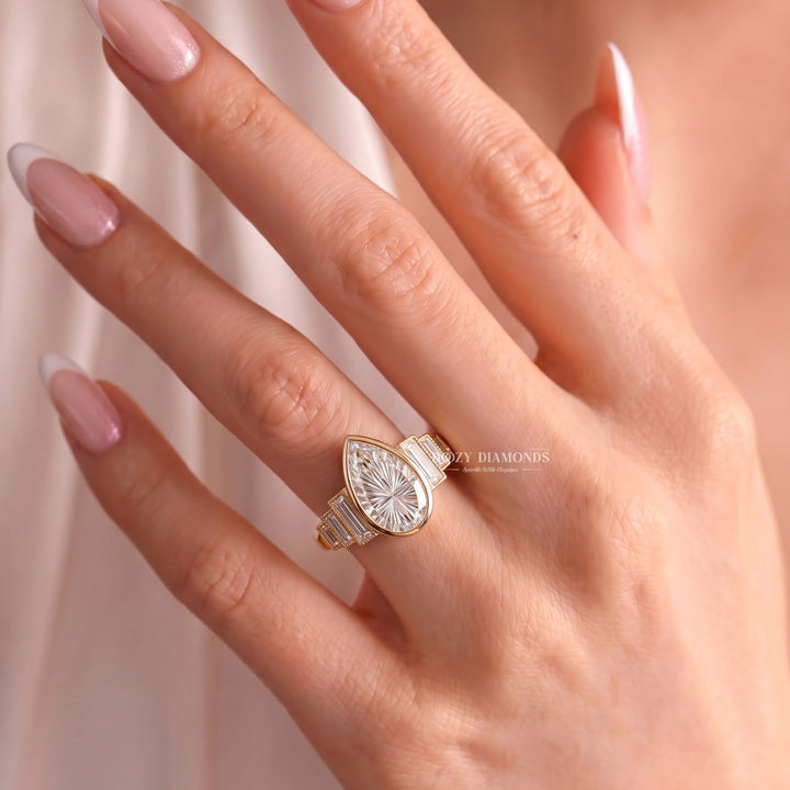 2.0CT Pear Cut F/VS1 Kaleidoscope Seven Stone Lab Grown Diamond Engagement Ring