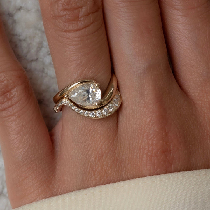 1.50CT Pear Solitaire Lab Grown Diamond Ring Yellow Gold Pave Band Bridal Stack