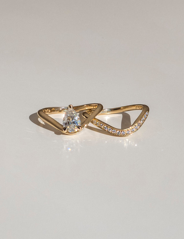 1.0CT Pear Solitaire Lab Grown Diamond Ring Yellow Gold Curved Pave Wave Band