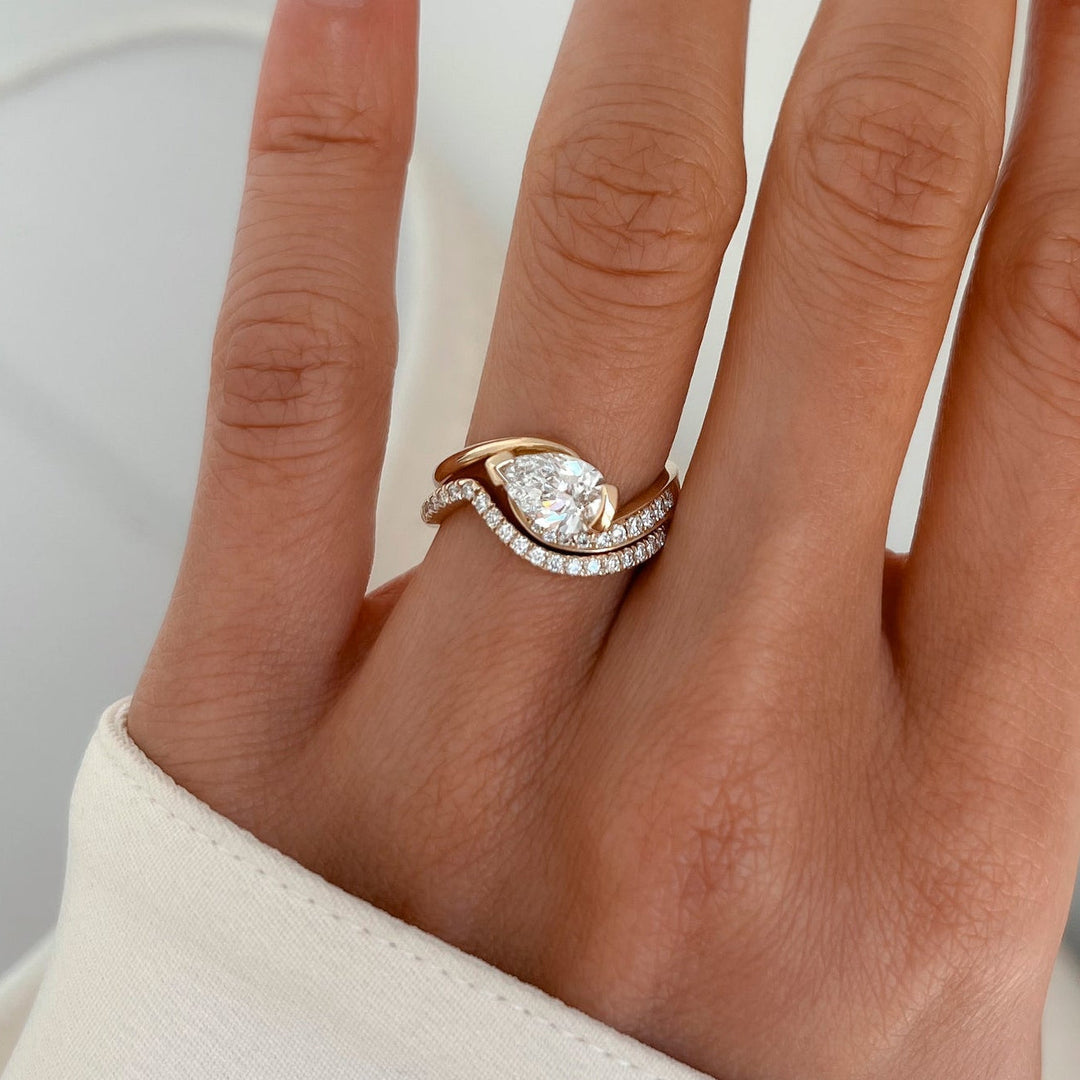 1.50CT Pear Half Bezel Lab Grown Diamond Ring Yellow Gold Unique Bypass Setting