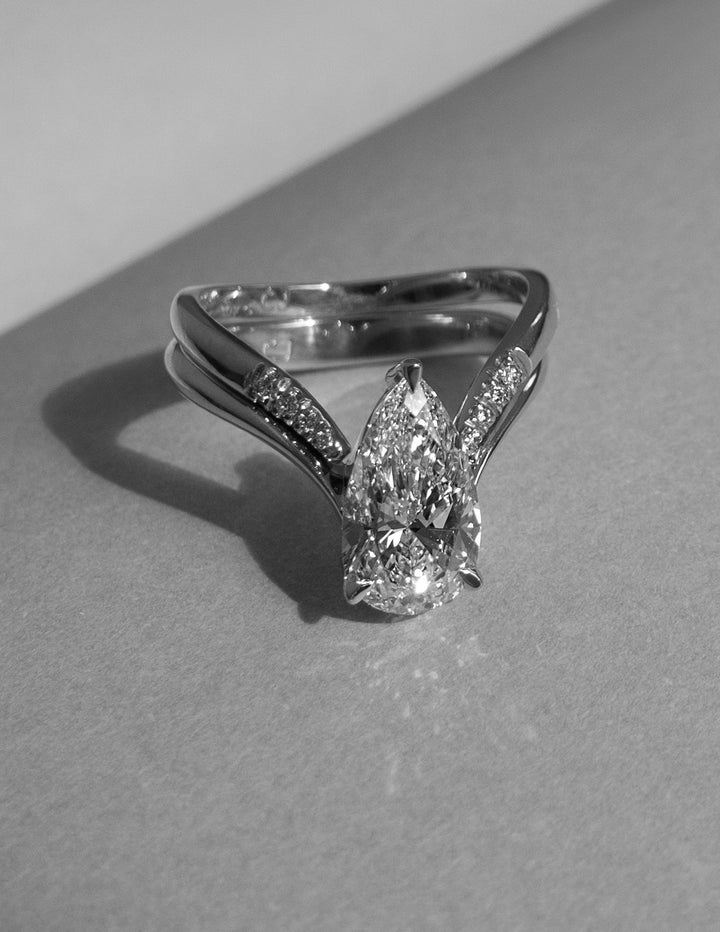 1.50CT Pear Lab Grown Diamond Bridal Ring Stack Yellow Gold Chevron Pave Band