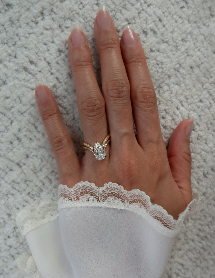 1.50CT Pear Lab Grown Diamond Bridal Ring Stack Yellow Gold Chevron Pave Band