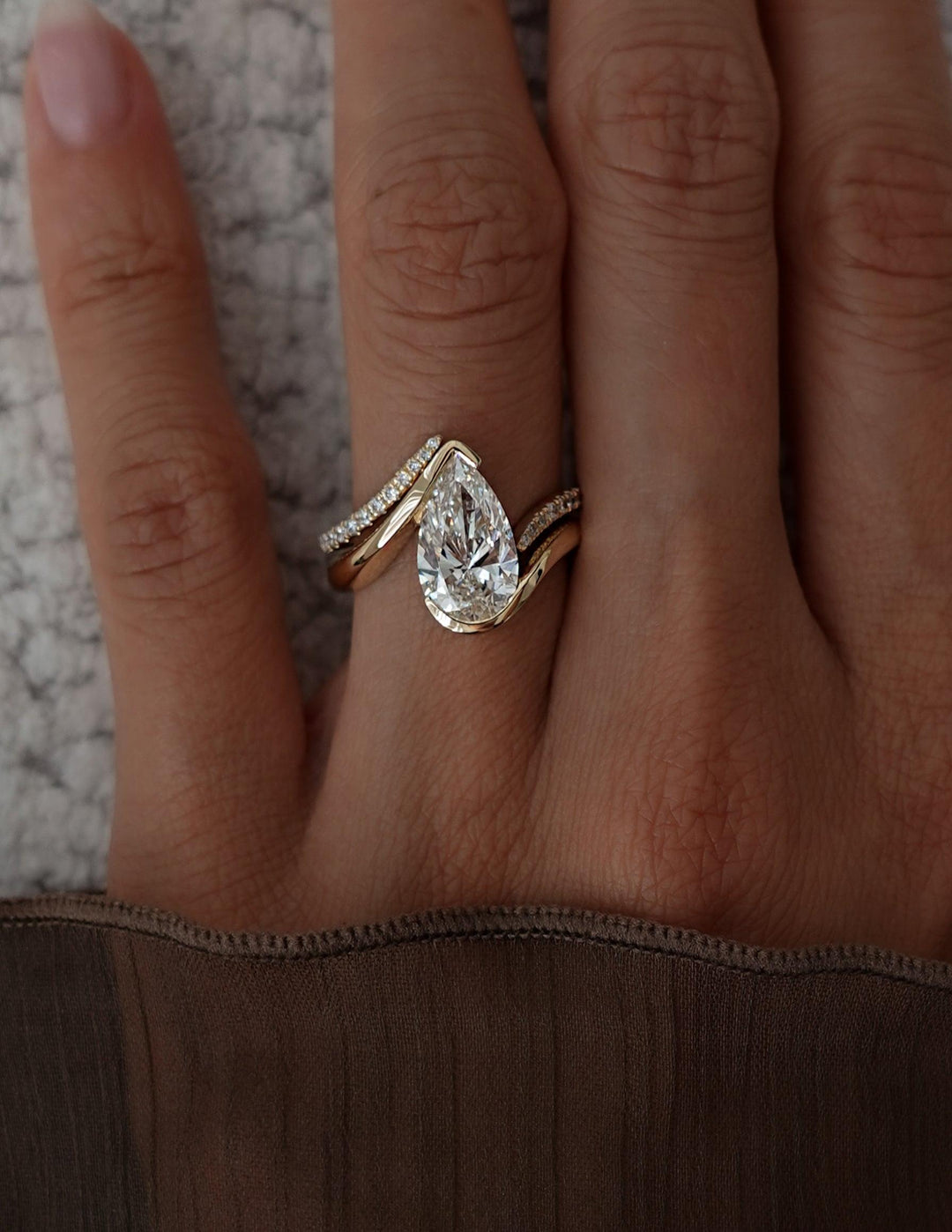 2.50CT Pear Bypass Lab Grown Diamond Ring Rose Gold Pave Band Bridal Stack