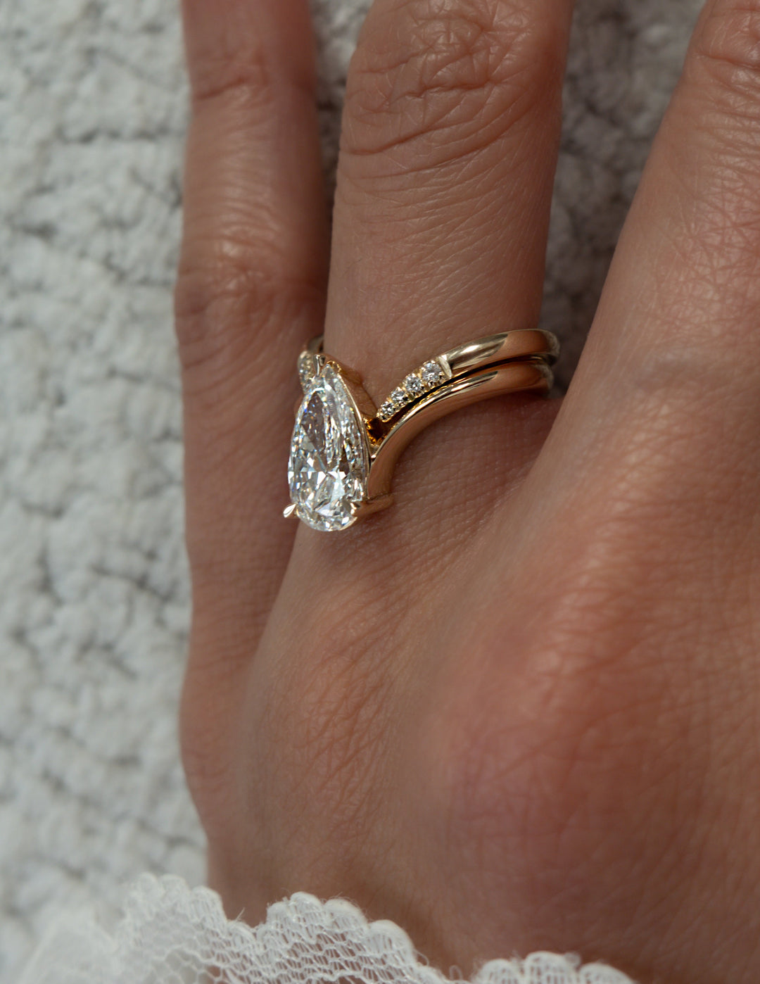 1.50CT Pear Lab Grown Diamond Bridal Ring Stack Yellow Gold Chevron Pave Band