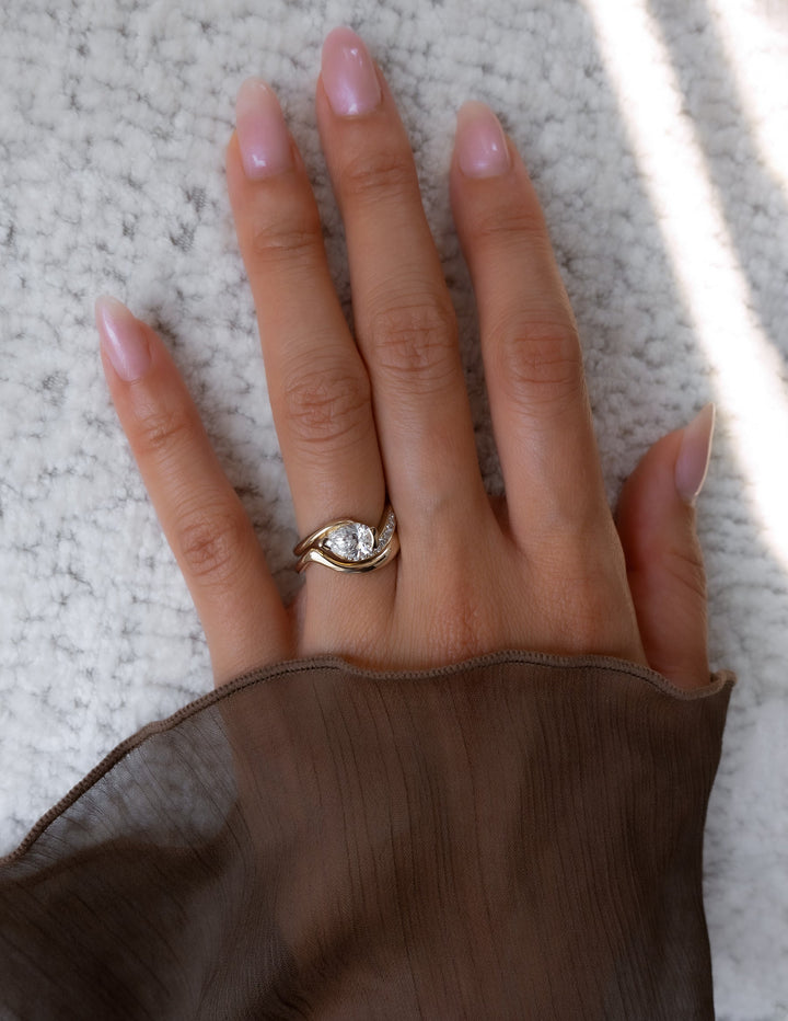 1.50CT East West Pear Half Bezel Lab Grown Diamond Ring Yellow Gold Pave Swirl Bridal Set