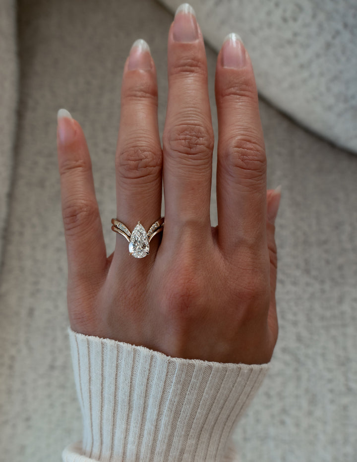 1.50CT Pear Lab Grown Diamond Bridal Ring Stack Yellow Gold Chevron Pave Band