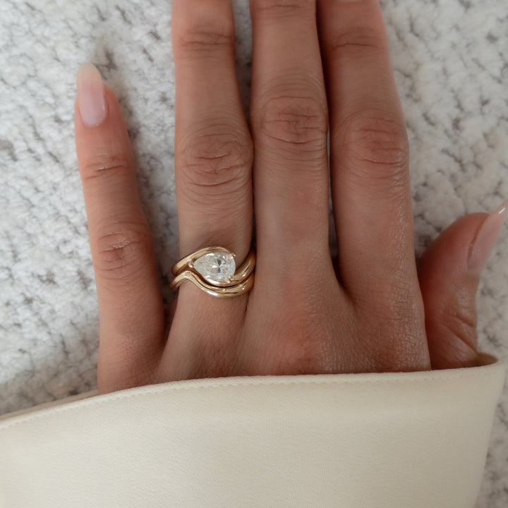 1.50CT East West Pear Lab Grown Diamond Ring Yellow Gold Sculptural Bridal Stack