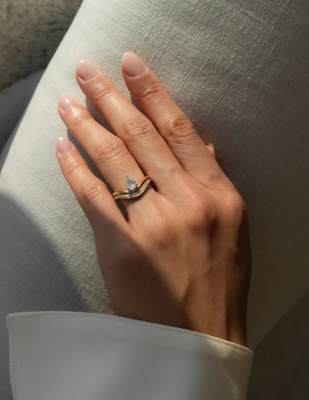 1.0CT Pear Solitaire Lab Grown Diamond Ring Yellow Gold Curved Pave Wave Band
