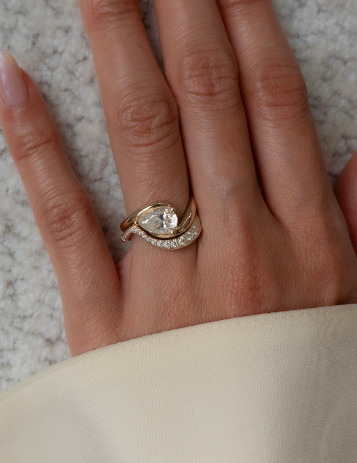 1.50CT Pear Solitaire Lab Grown Diamond Ring Yellow Gold Pave Band Bridal Stack