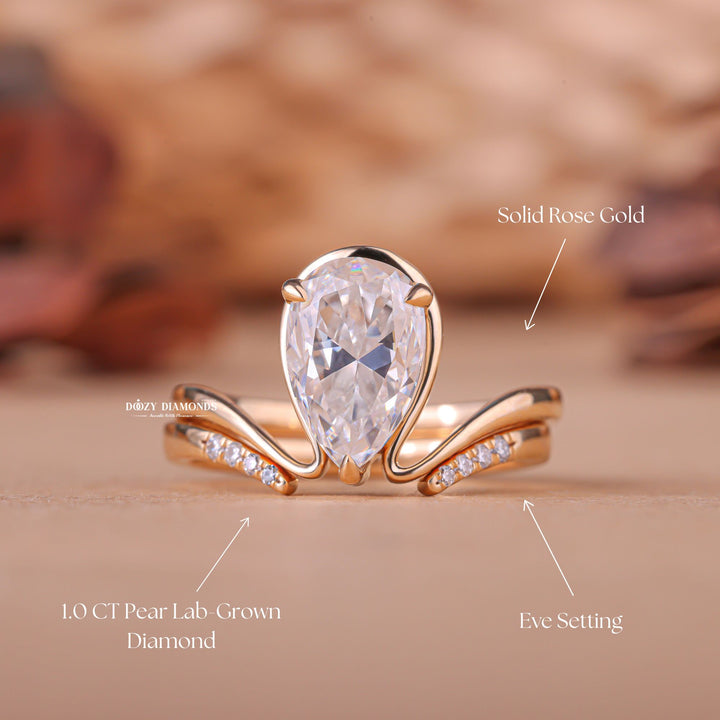 Pear cut bridal set with plain band, Pear cut bridal set with engraved band, Pear cut bridal set with cathedral setting, Pear cut bridal set with low profile setting, 