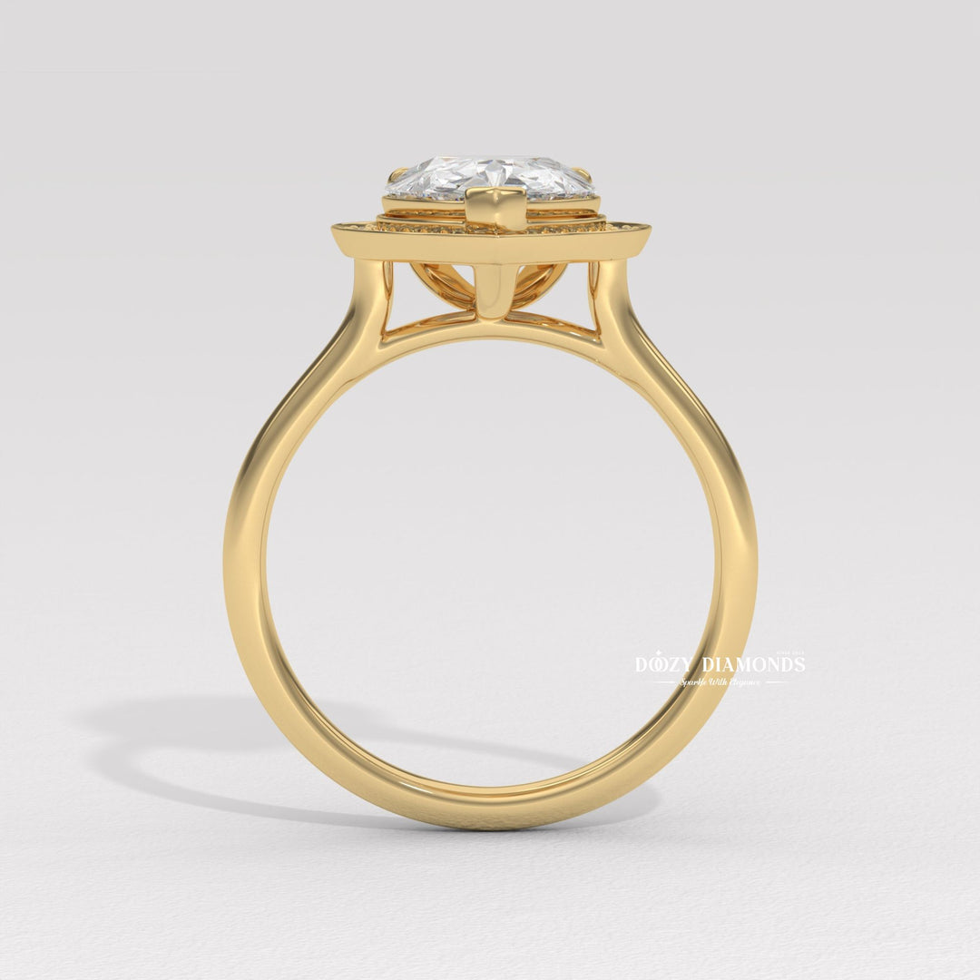 Pear halo lab grown diamond ring in jewelry gift box